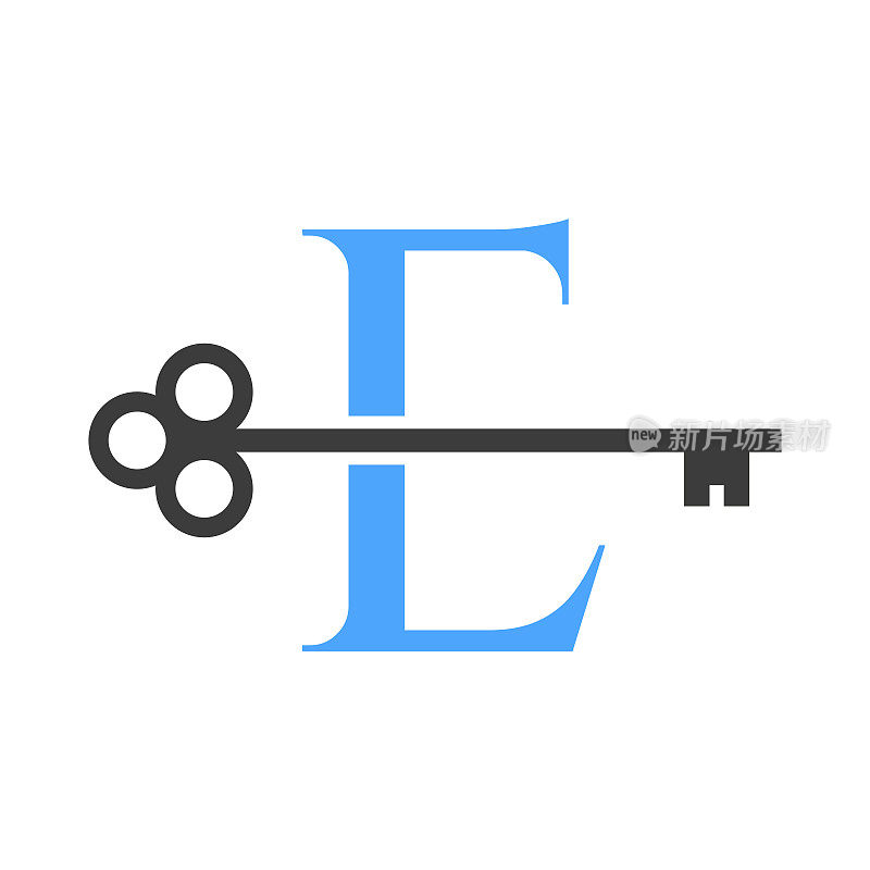 字母E房地产标志概念与Home Lock键向量模板。豪华家居标志关键标志